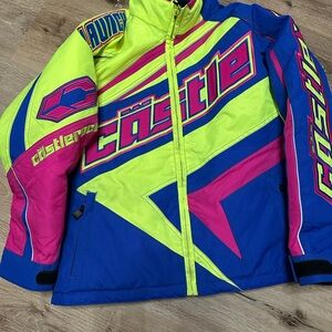 Castle Kids Puffer Jacket - Neon Yellow, Pink, and Blue size girls XL.